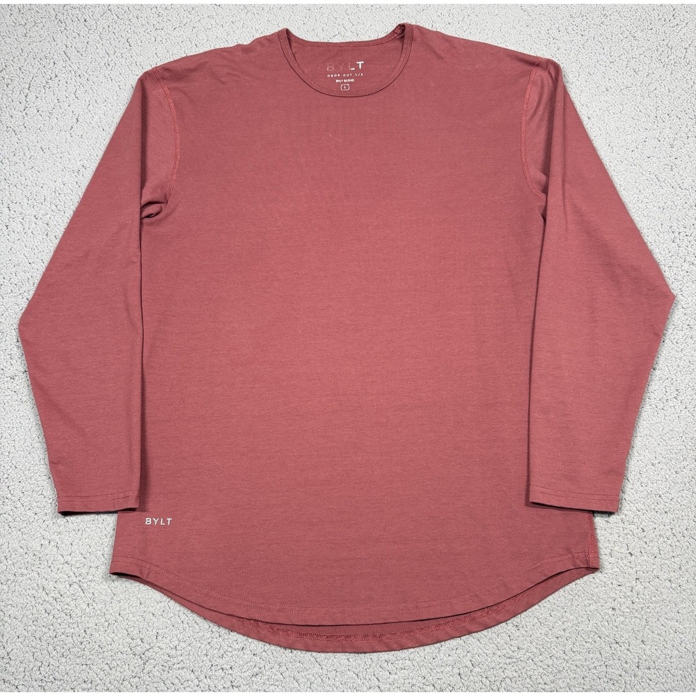 BYLT Drop Cut Shirt Mens Large Red Long Sleeve Curved Hem Tagless Stretch Tee